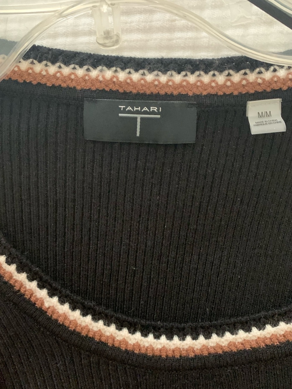 Tahari Black Long-Sleeve Ribbed Sweater with Contrasting Trim at Neckline